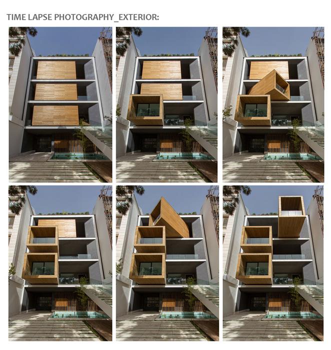Em seis imagens, todas as versões que a fachada da Sharifi-ha House pode assumir. Next Office