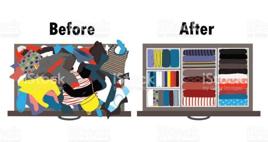 antes e depois das roupas organizadas na gaveta